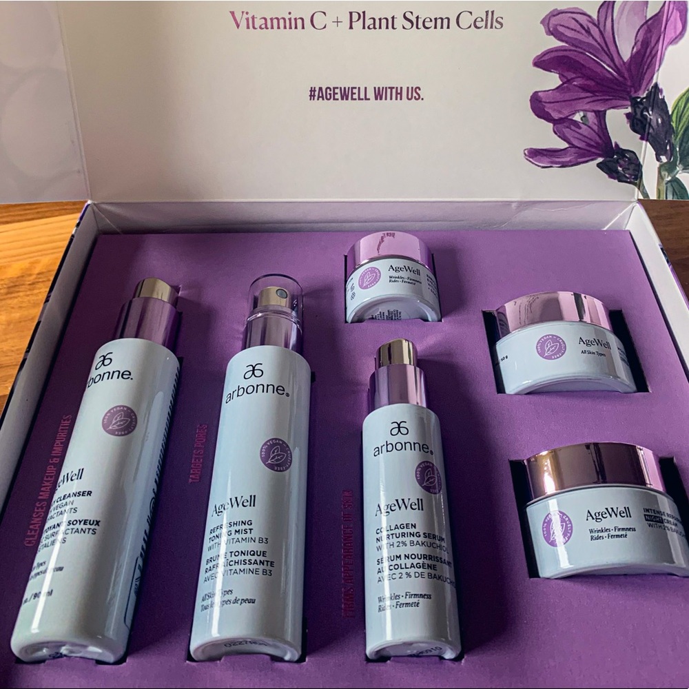 NEW Arbonne Age Well Skincare Set & makeup bag